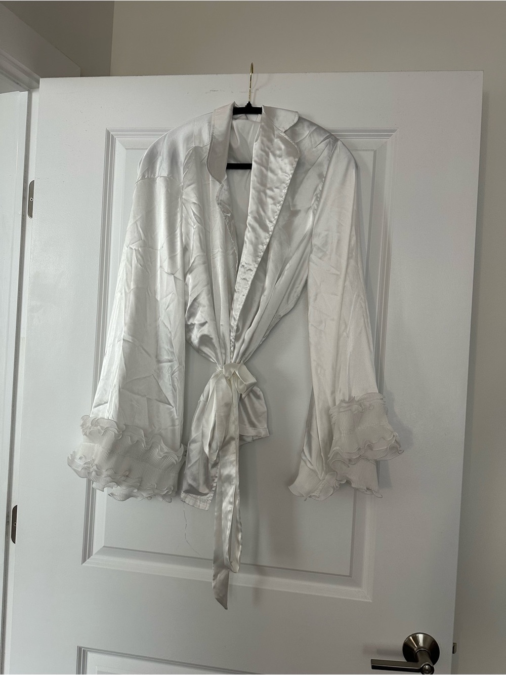 Silky White Satin Tie-Front Robe with Ruffle Cuffs
